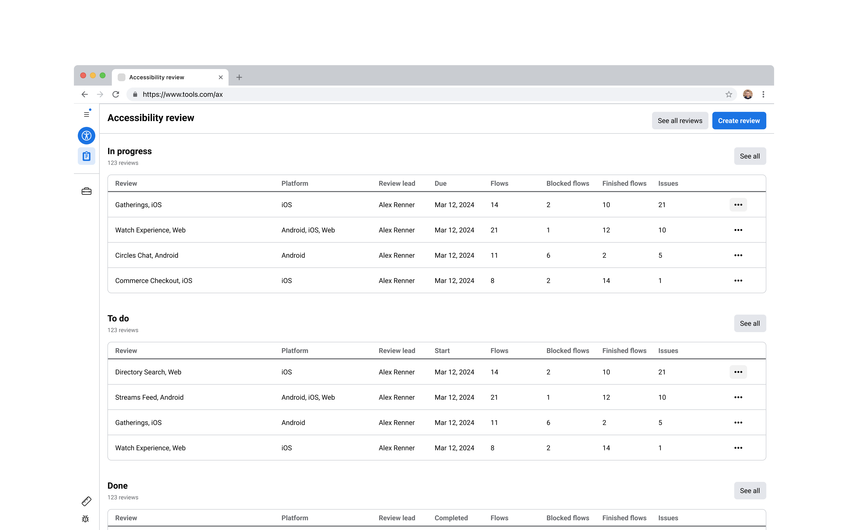 The review tool home page, with reviews grouped into tables by their status.