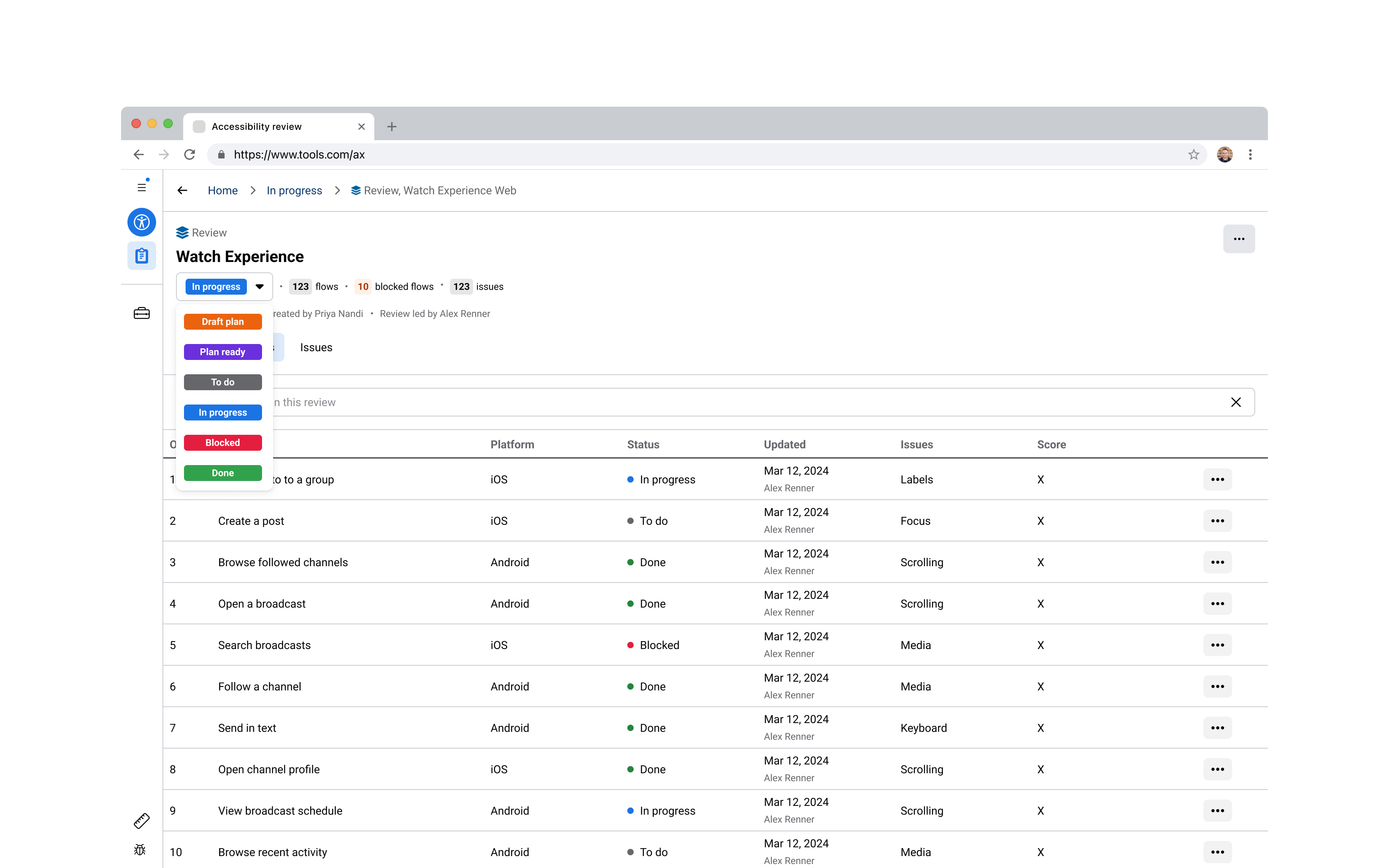 A single review page, listing its product flows alongside the accessibility issues logged against each one.