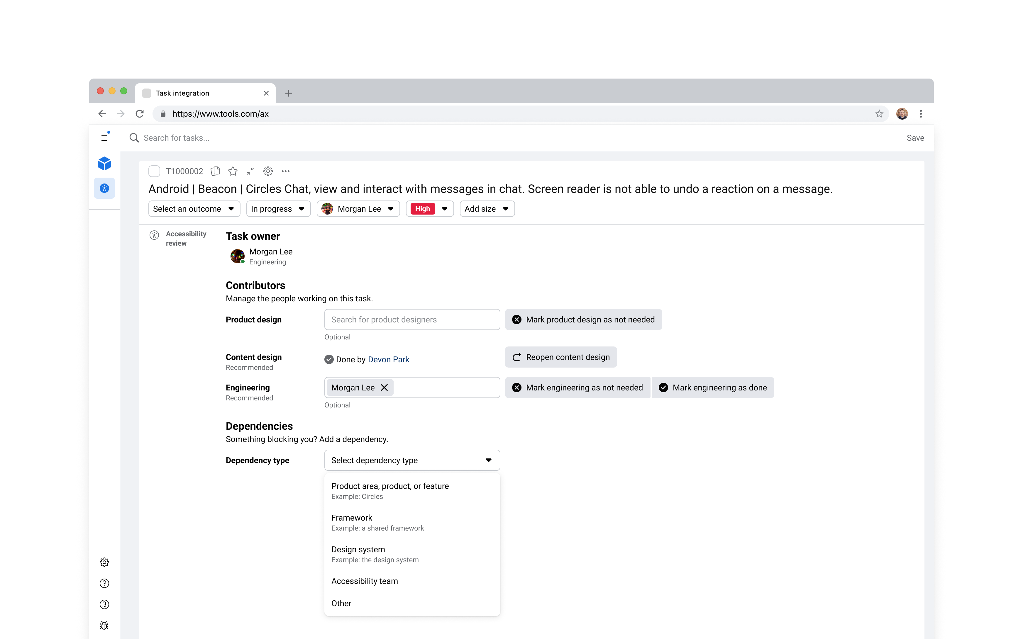 The plugin inside a task, showing the contributor roles a fix requires and the selector for handing off a dependency.