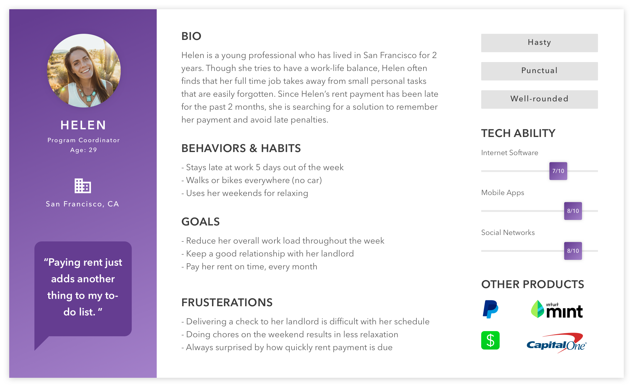 Persona 1: user profile with demographics, goals, frustrations, and preferred apps on a purple sidebar.