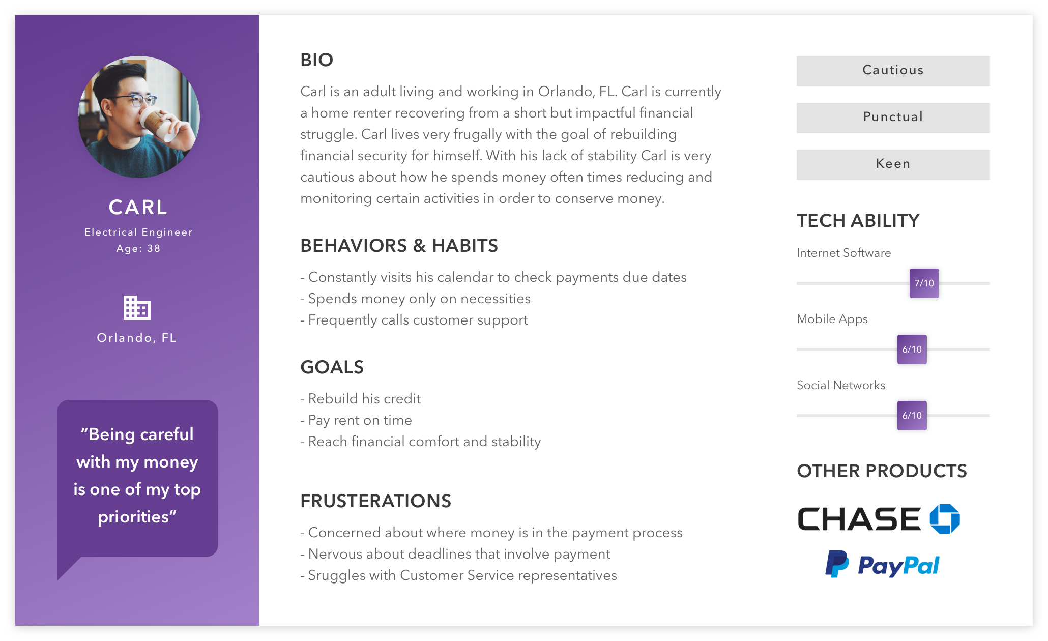 Persona 2: second user profile with demographics, goals, frustrations, and preferred apps on a purple sidebar.