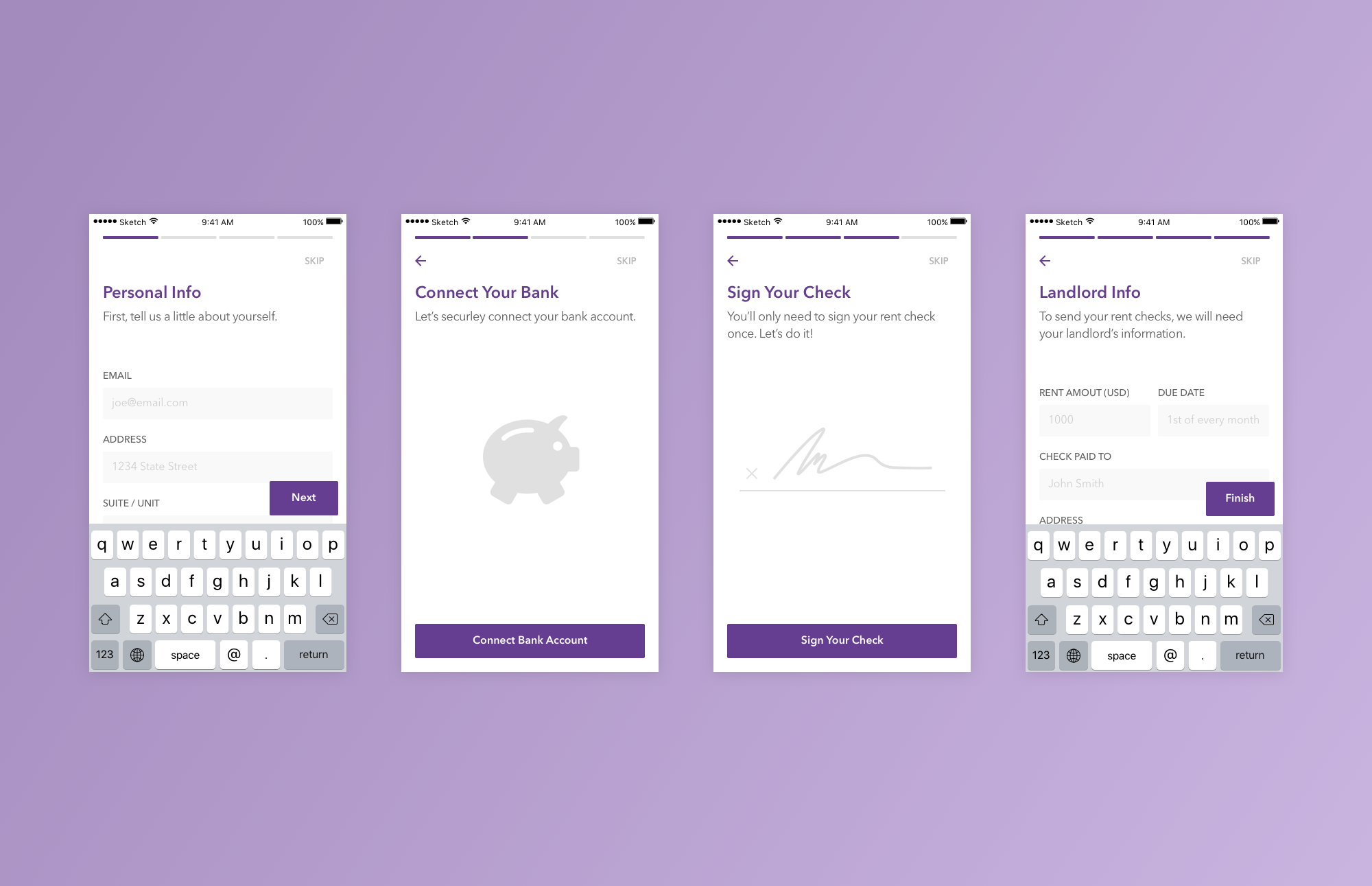 Final UI: four mobile screens showing the account setup flow with full visual design.
