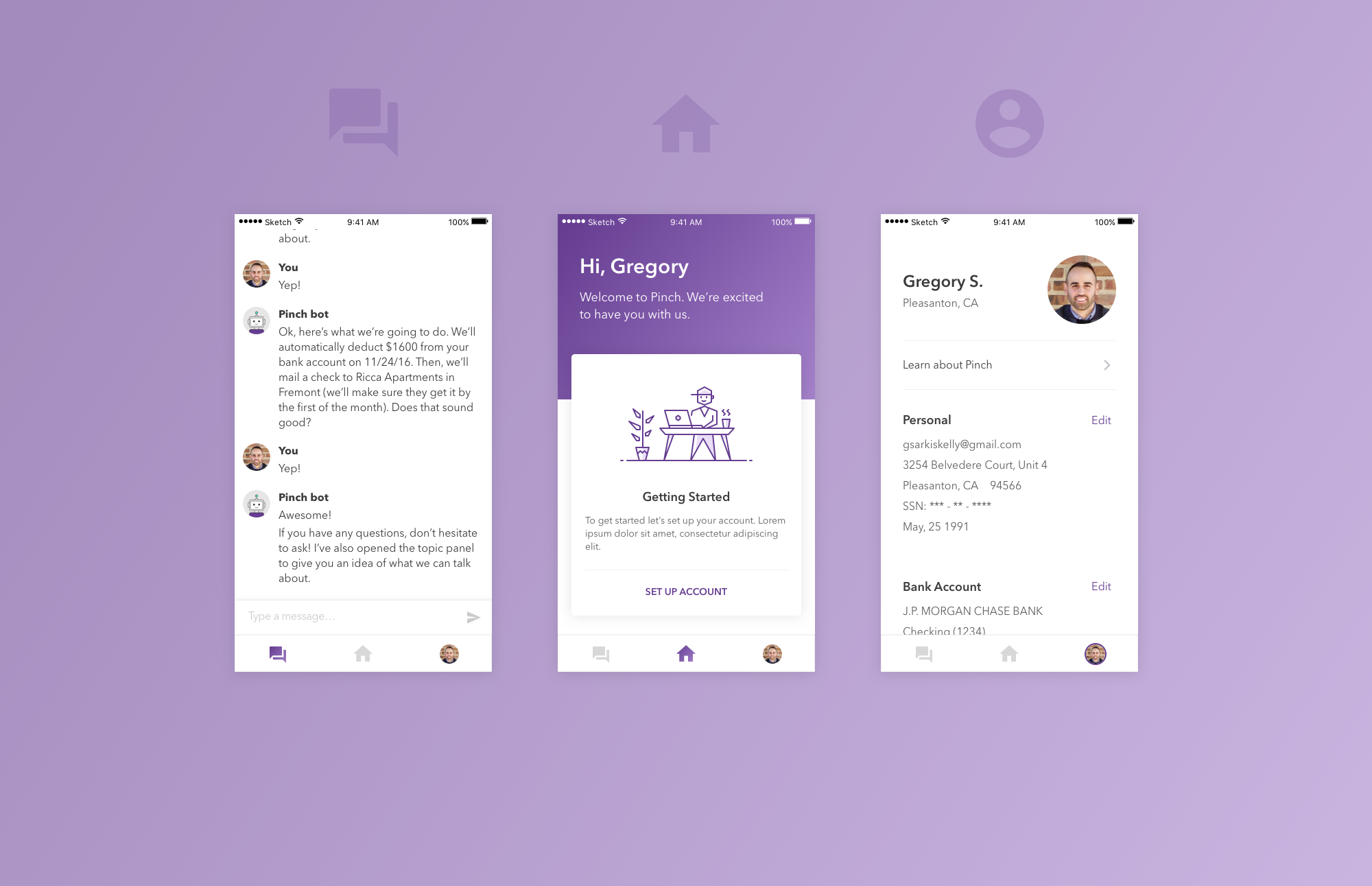 Three final UI screens showing anchored navigation in context (messaging, dashboard, and account profile), each with the persistent nav bar at the top.