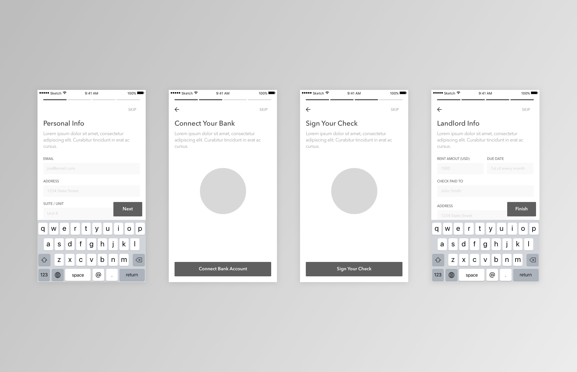 Wireframes: four greyscale mobile screens showing the account setup flow.