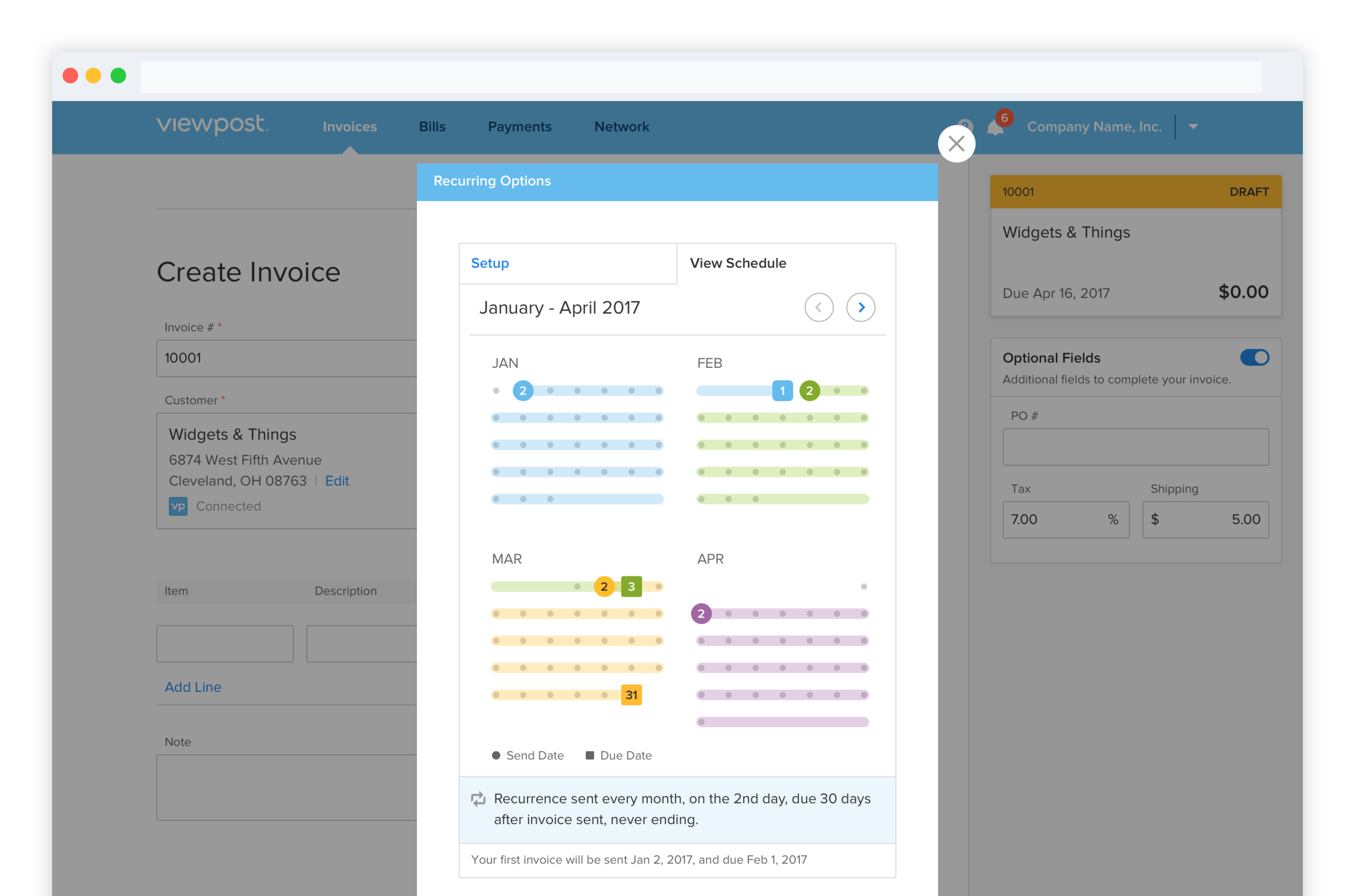 Recurring Options modal, View Schedule tab: calendar visualization across January through April 2017 showing send dates and due dates marked on each month, letting users verify the schedule before committing.