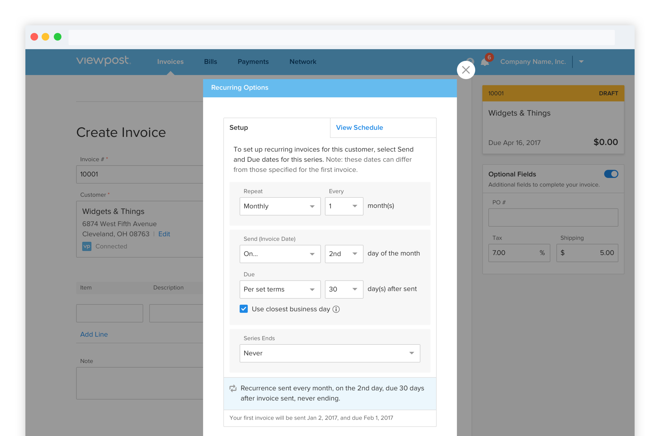 Recurring Options modal, Setup tab: repeat frequency, send date, due terms, and series end controls with a summary at the bottom describing the resulting recurrence in plain language.
