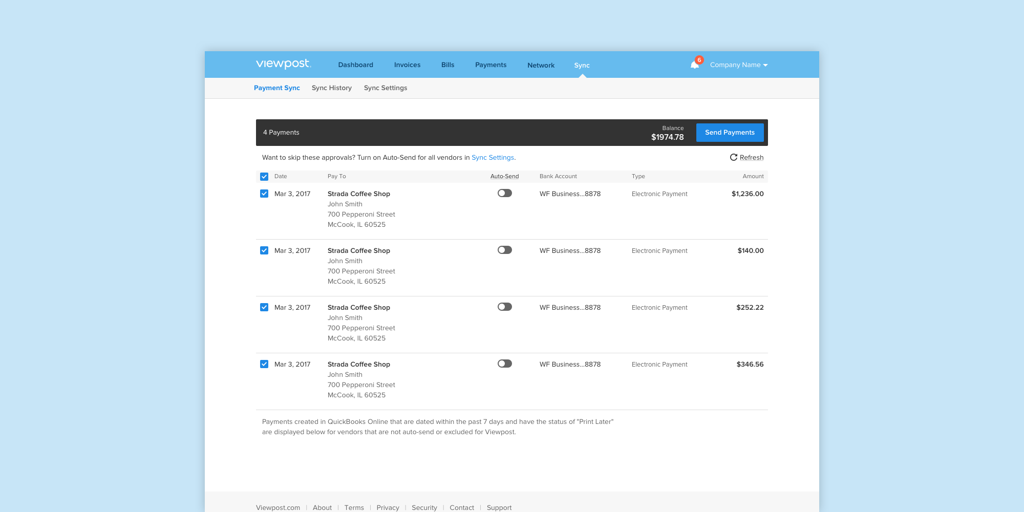 Payment Sync dashboard: a list of payments ready to be sent, with bank account and amount columns, Auto-Send toggles per row, and a Send Payments action.