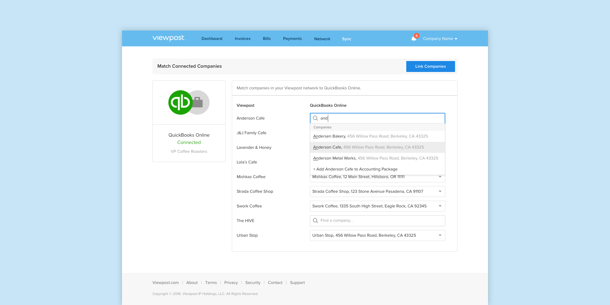 Match Connected Companies UI: the QuickBooks Online integration screen where users align Viewpost contacts with their ERP company records via search and matching.